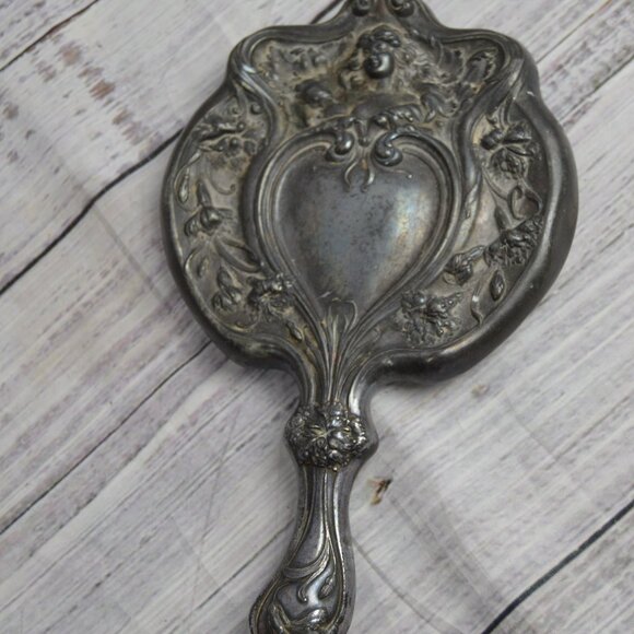 Antique Art Nouveau Flowing Hair Woman Victorian Silver Plate Vanity Hand Mirror - Picture 3 of 11